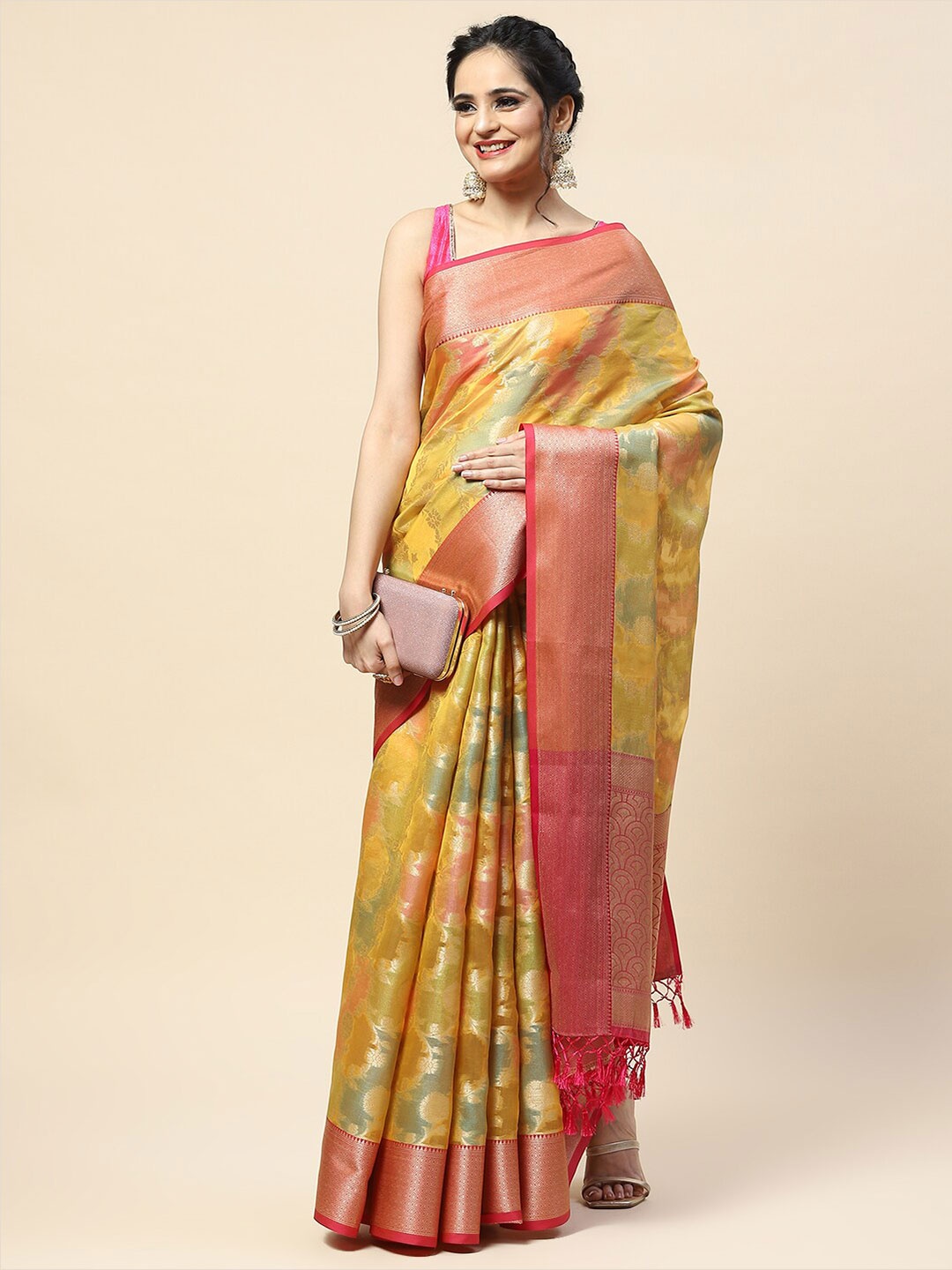 

Meena Bazaar Woven Design Cotton Blend Zari Saree, Mustard