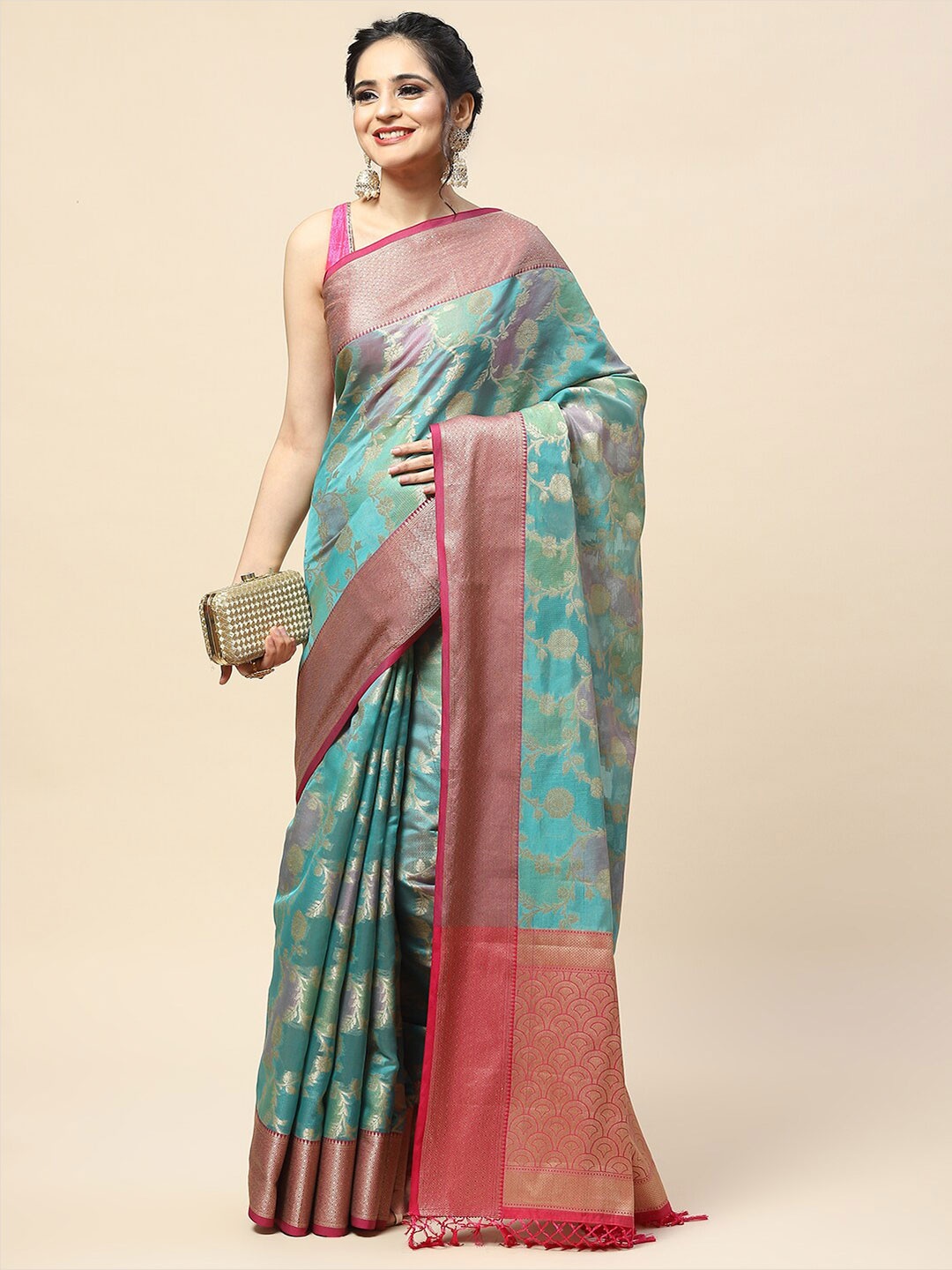 

Meena Bazaar Woven Design Cotton Blend Zari Border Saree, Blue