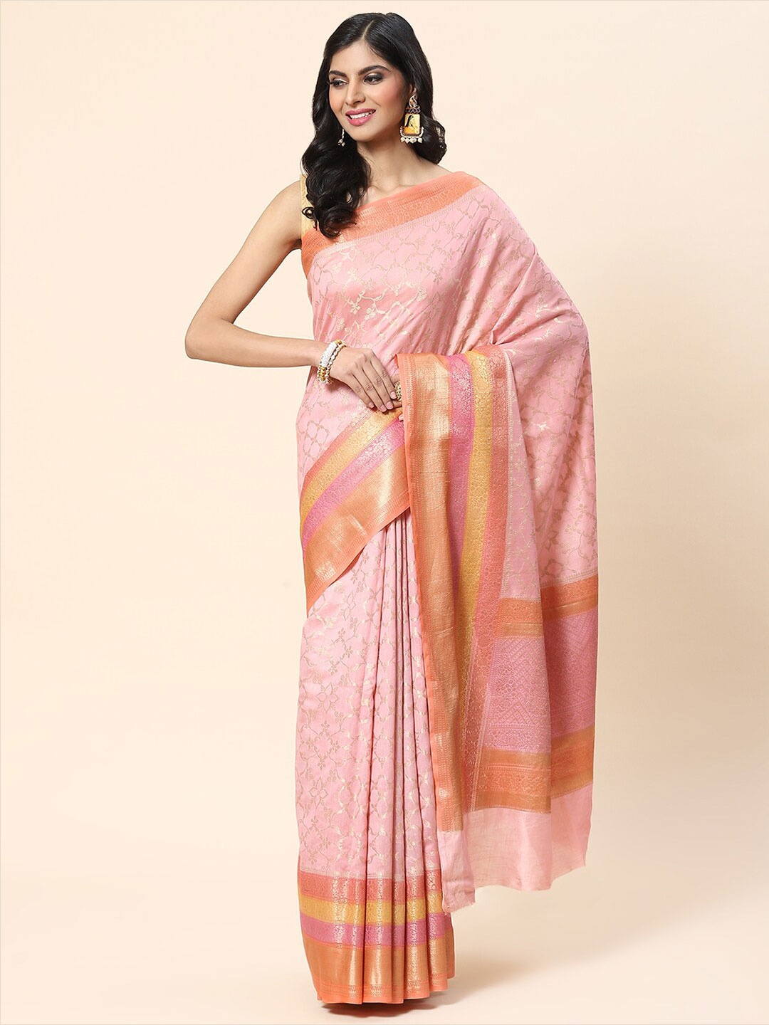 

Meena Bazaar Woven Design Zari Border Saree, Pink