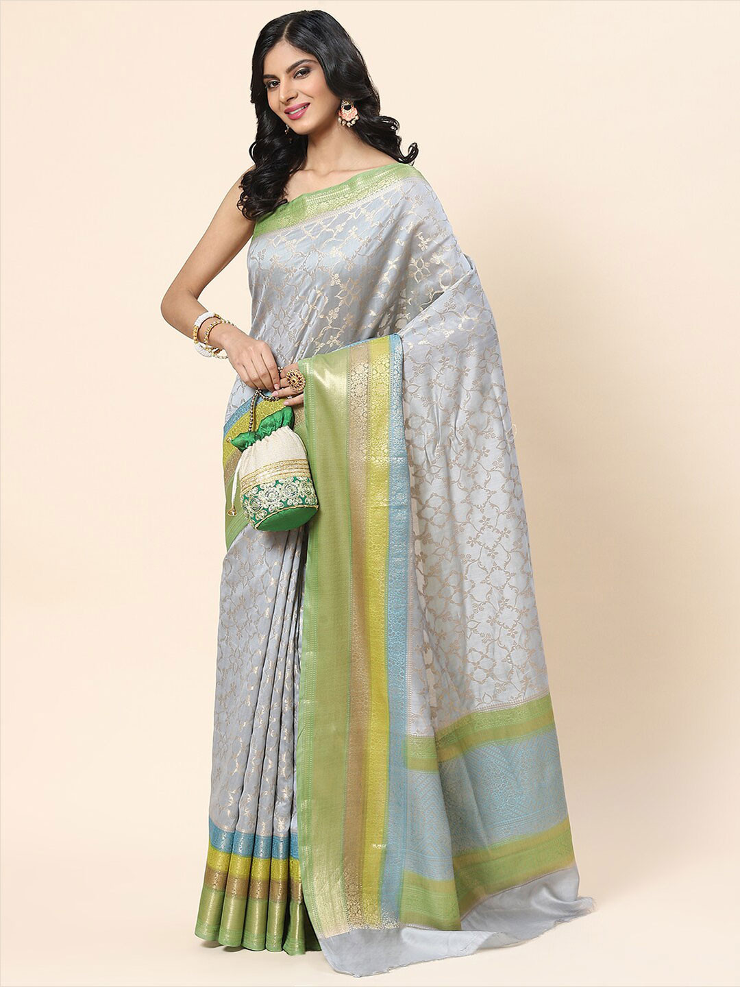 

Meena Bazaar Woven Design Zari Saree, Grey