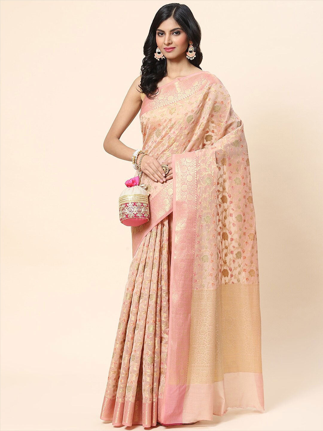 

Meena Bazaar Woven Design Zari Saree, Peach