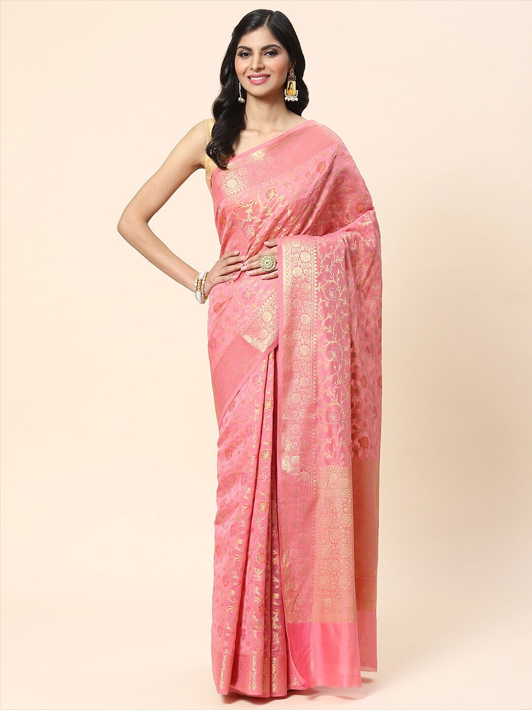 

Meena Bazaar Woven Design Zari Saree, Pink