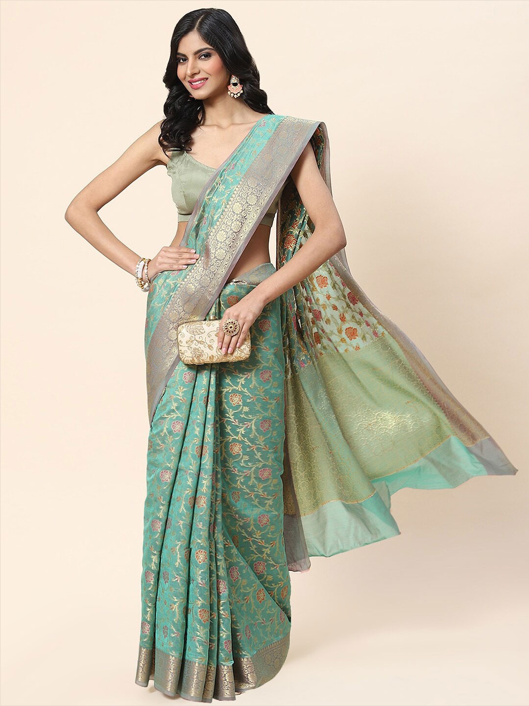 

Meena Bazaar Ethnic Motifs Zari Saree, Sea green