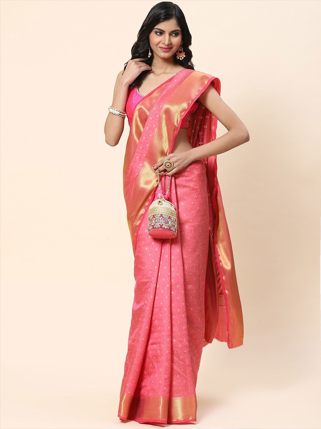

Meena Bazaar Ethnic Motifs Zari Art Silk Saree, Pink