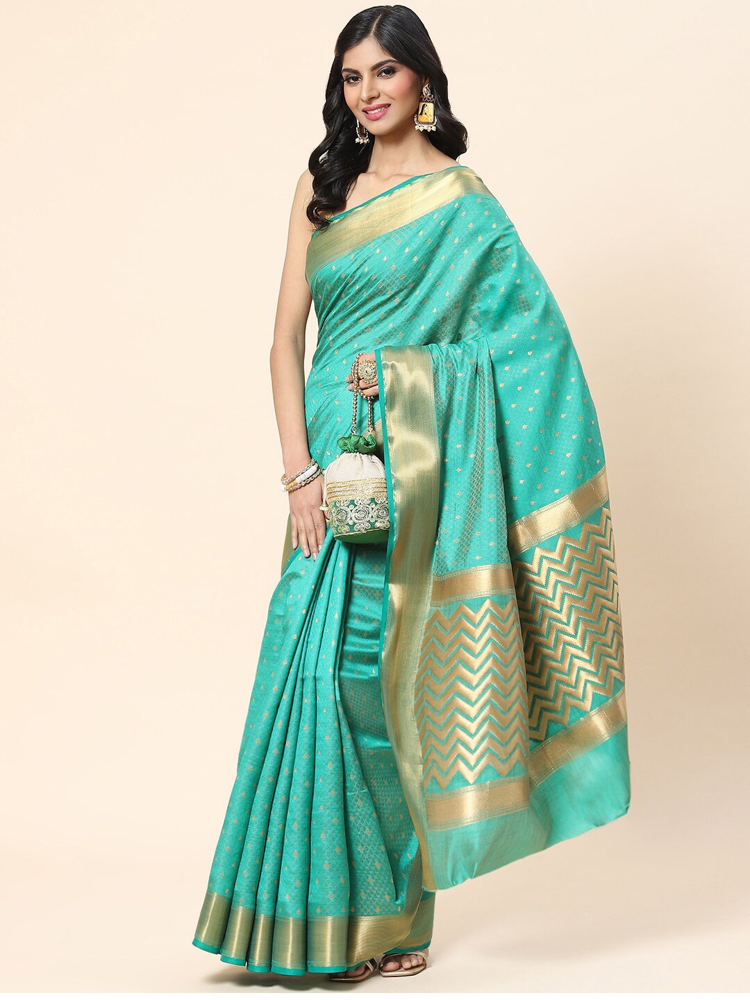 

Meena Bazaar Ethnic Motifs Zari Art Silk Saree, Green