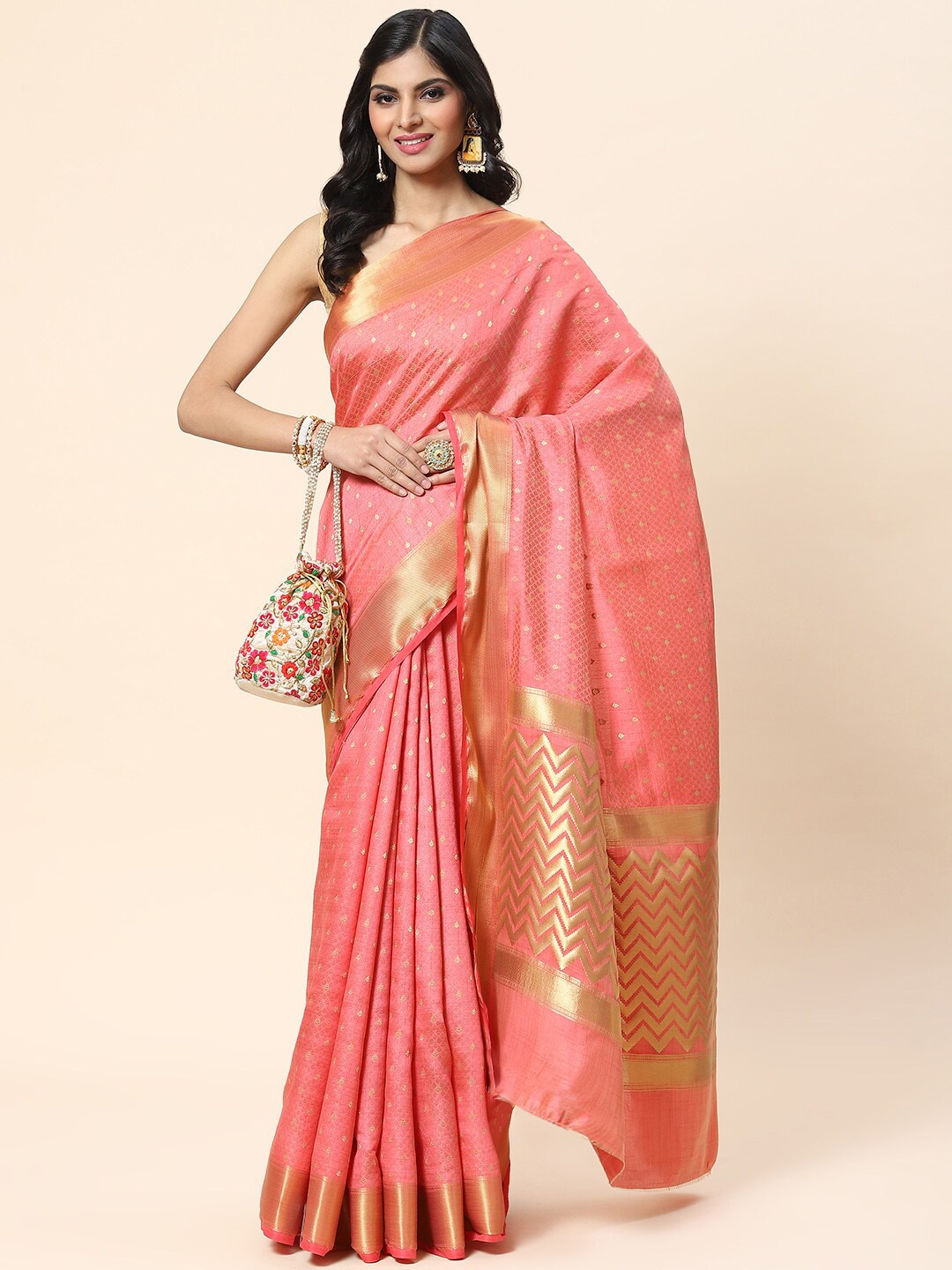 

Meena Bazaar Ethnic Motifs Zari Art Silk Saree, Peach