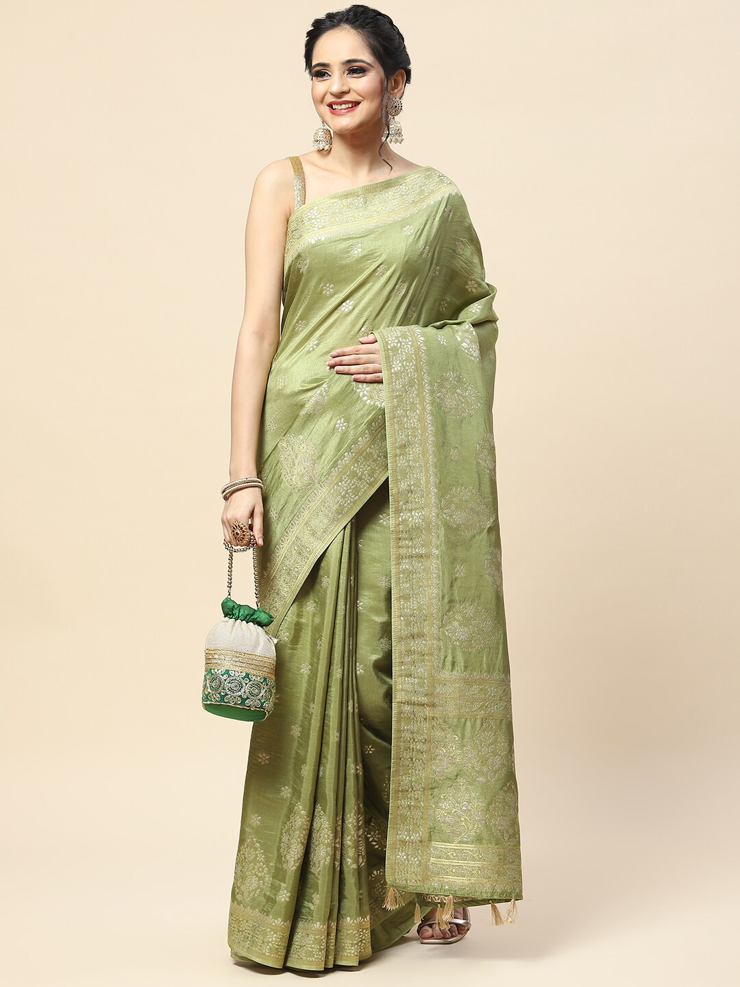 

Meena Bazaar Floral Zari Art Silk Saree, Green