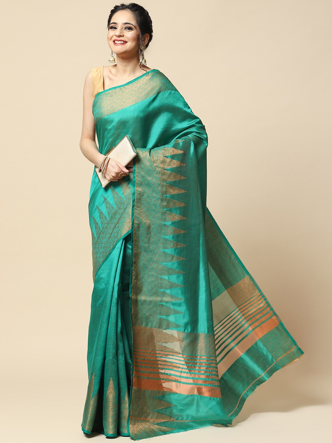 

Meena Bazaar Zari Woven Design Border Saree, Green