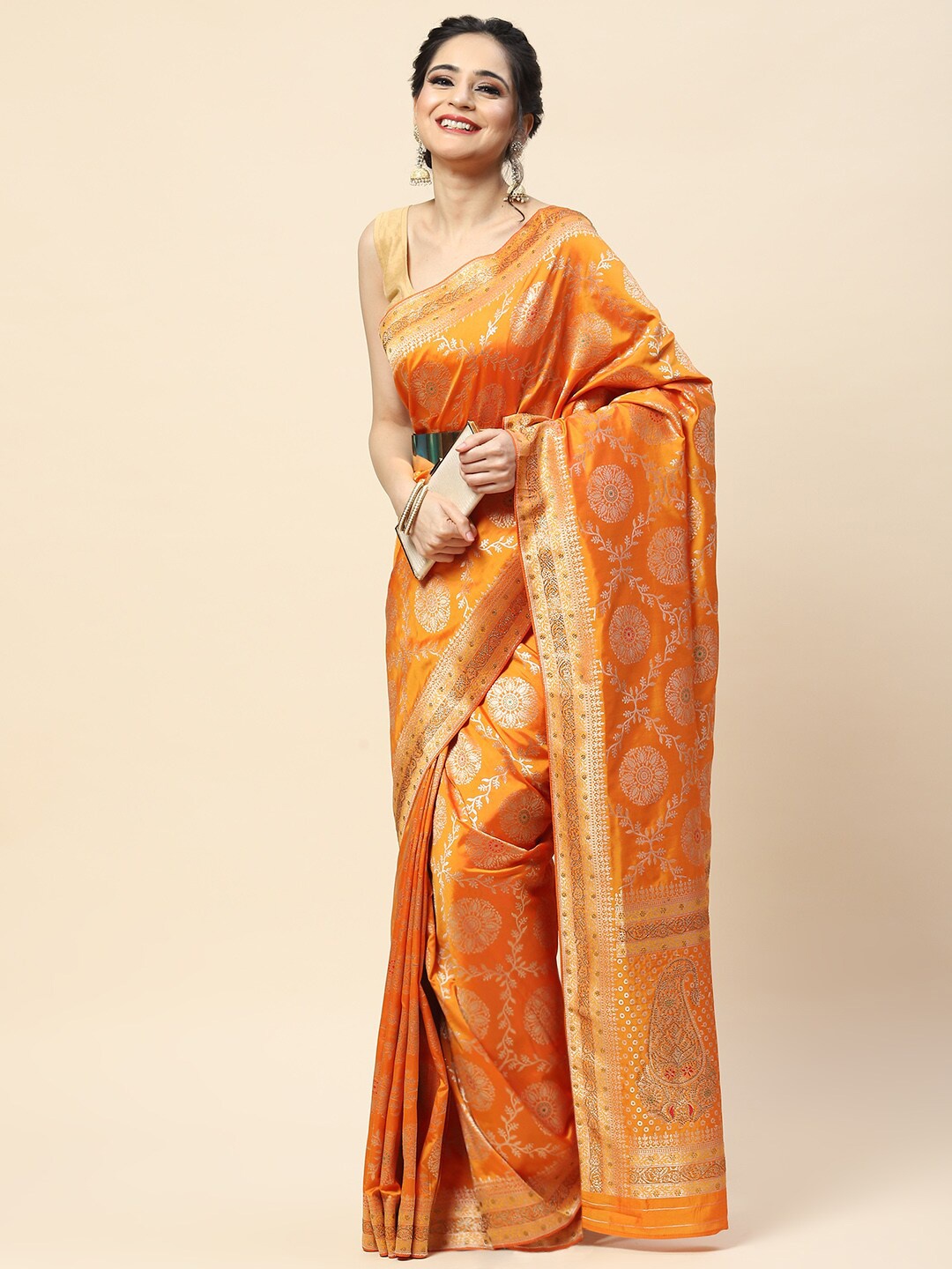 

Meena Bazaar Ethnic Motifs Zari Banarasi Saree, Mustard