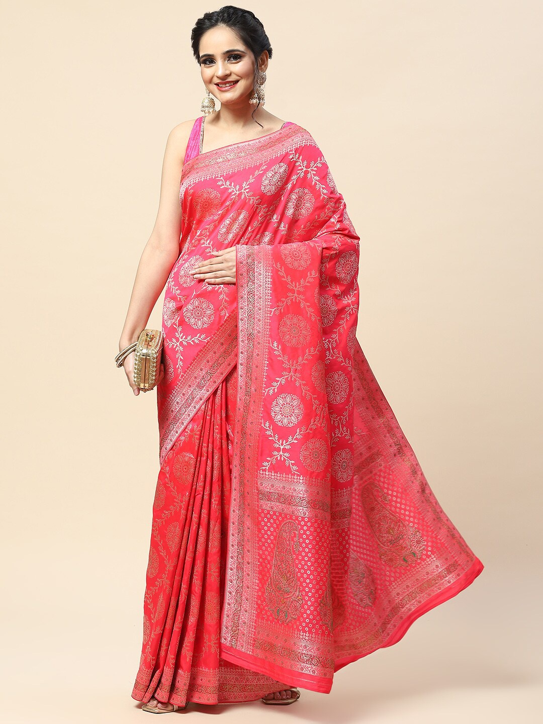 

Meena Bazaar Woven Design Banarasi Saree, Coral