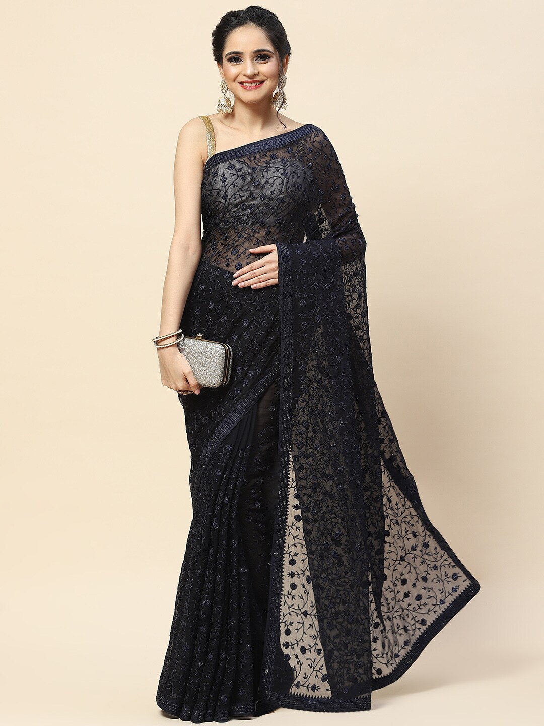 

Meena Bazaar Floral Embroidered Saree, Navy blue
