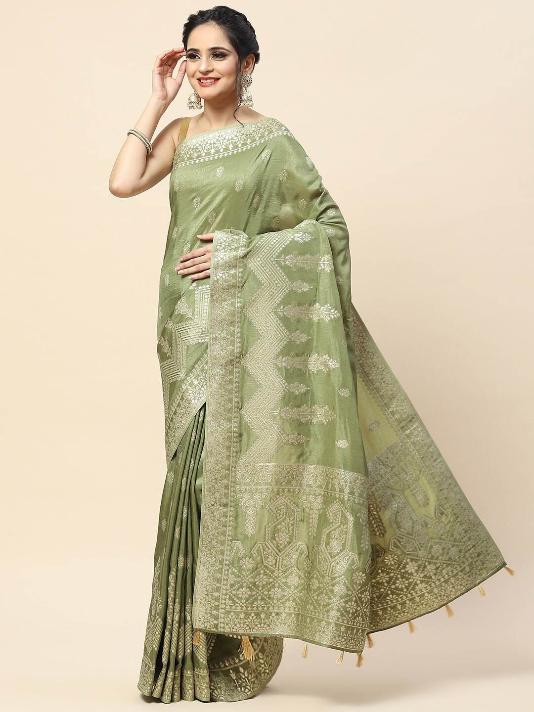 

Meena Bazaar Floral Woven Design Saree, Green