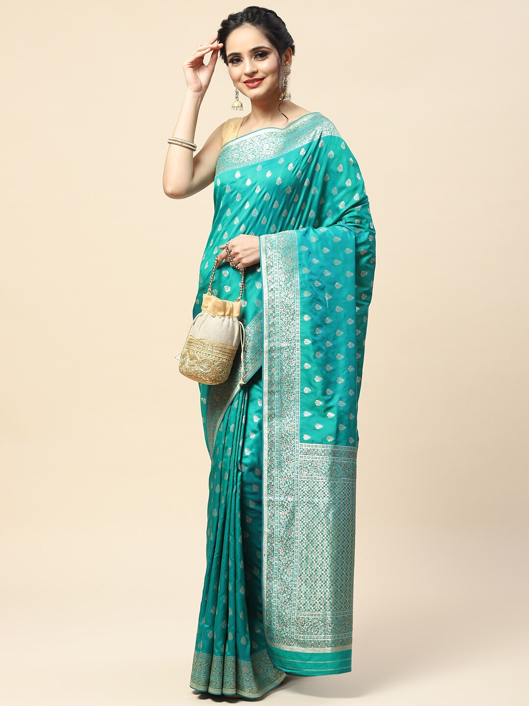 

Meena Bazaar Floral Zari Banarasi Saree, Green