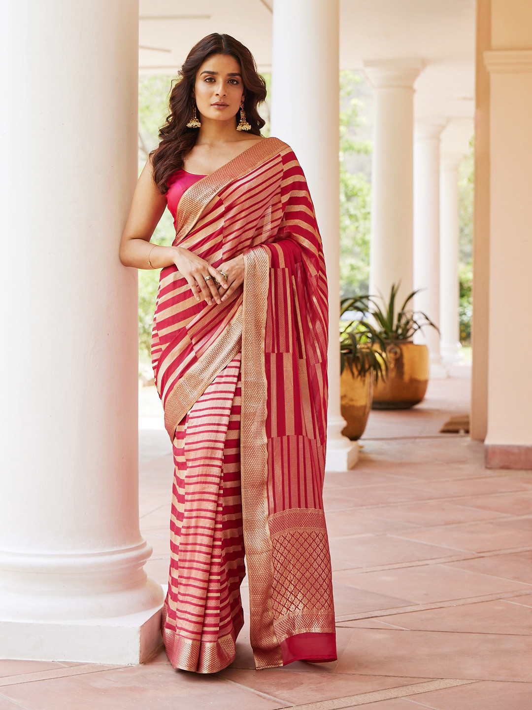 

Meena Bazaar Striped Zari Pure Georgette Saree, Pink