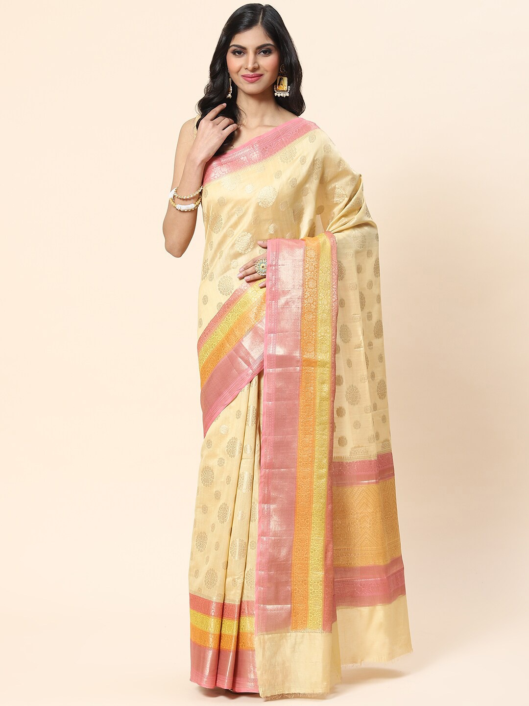 

Meena Bazaar Ethnic Motifs Zari Saree, Beige
