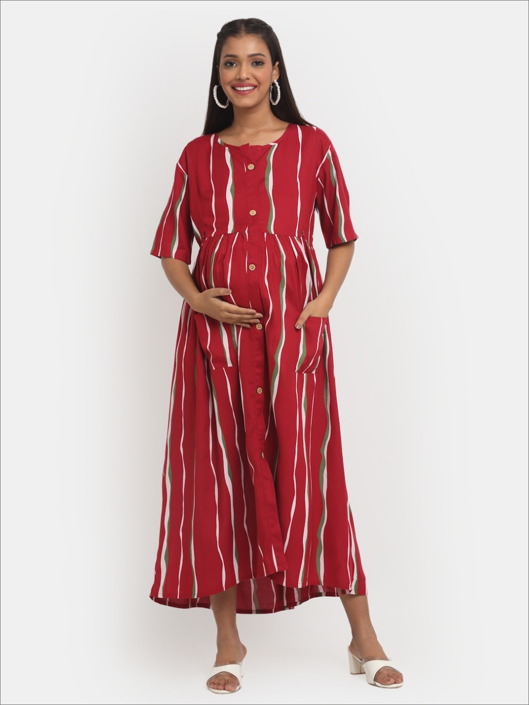 

Mylo Tropical Stripes Maternity A-Line Midi Dress with Zipper, Red