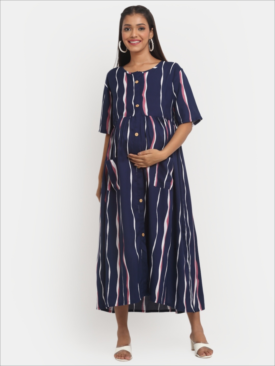 

Mylo Tropical Stripes Maternity A-Line Midi Dress with Zipper, Navy blue