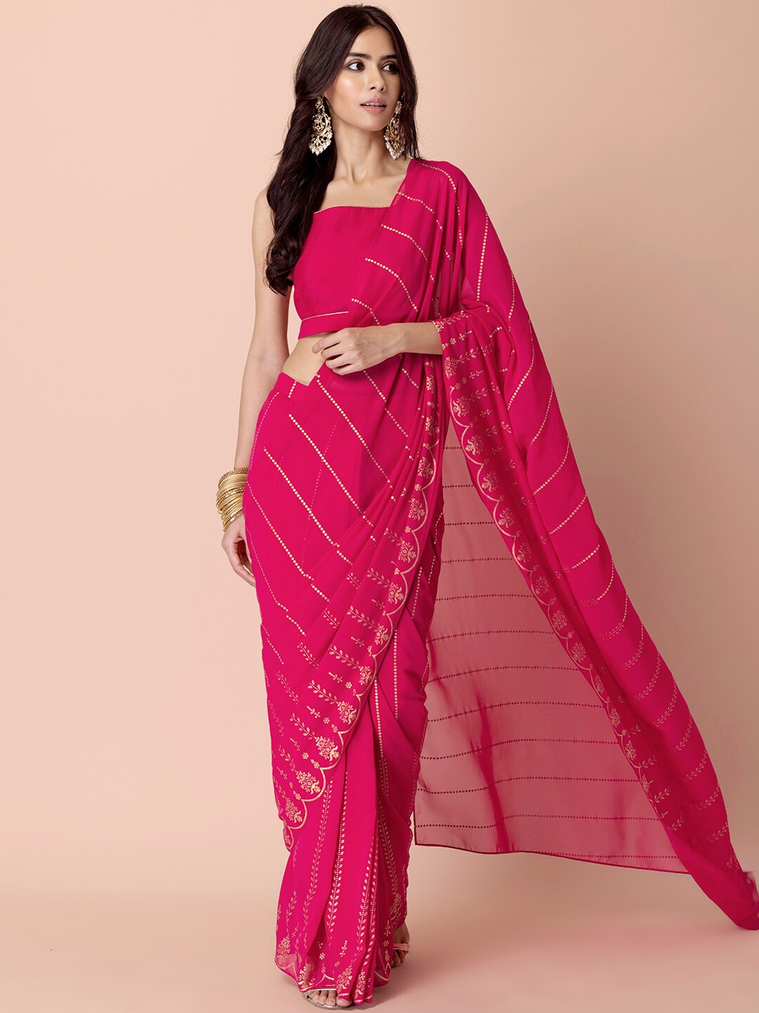

INDYA Striped Saree, Pink