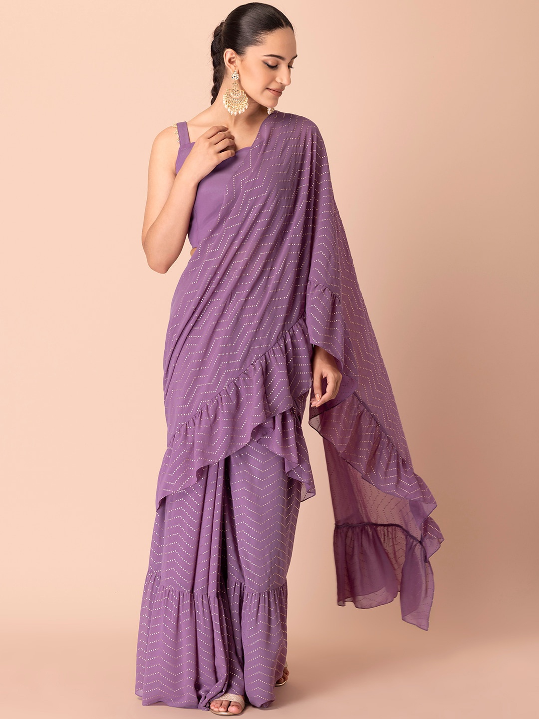 

INDYA Striped Zari Saree, Purple