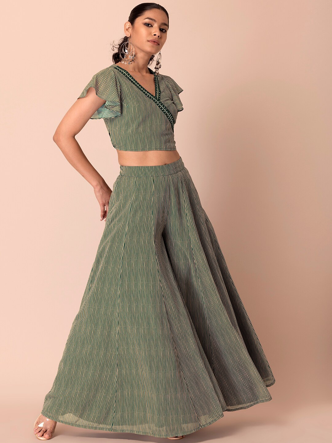 

INDYA Women Printed V-Neck Ethnic Top with Palazzo, Green