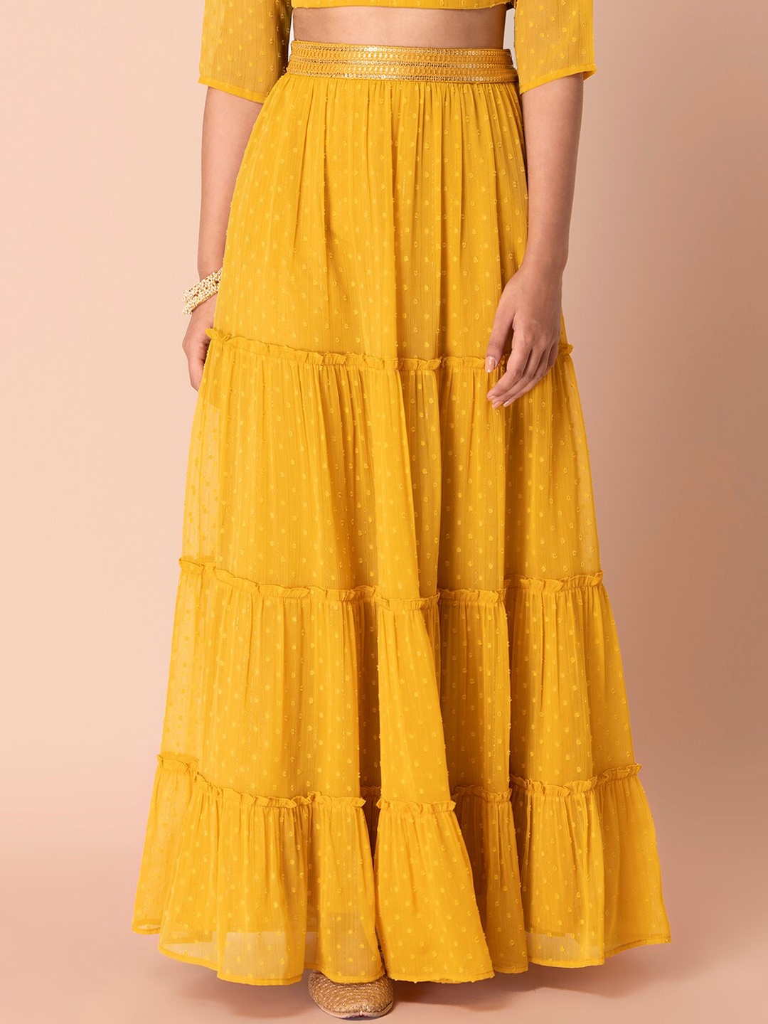 

INDYA Printed Maxi-Length Tiered Flared Skirts, Yellow