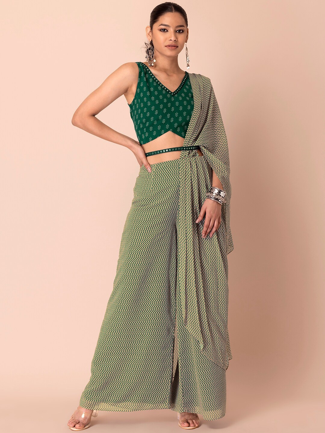 

INDYA Women Ethnic Motifs Printed Top with Palazzos & Dupatta, Green
