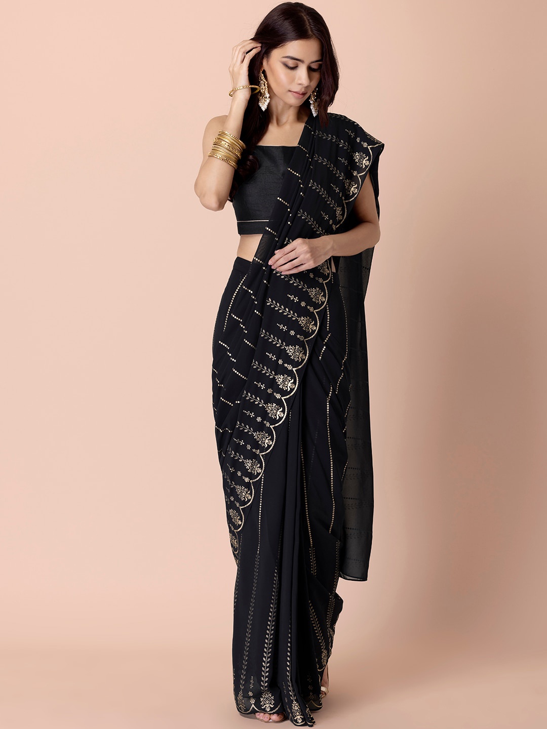 

INDYA Floral Printed Ready to Wear Saree, Black
