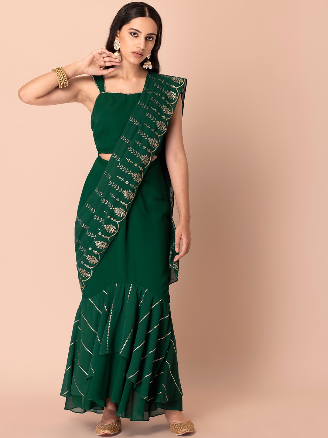 

INDYA Green Floral Printed Ready to Wear Saree