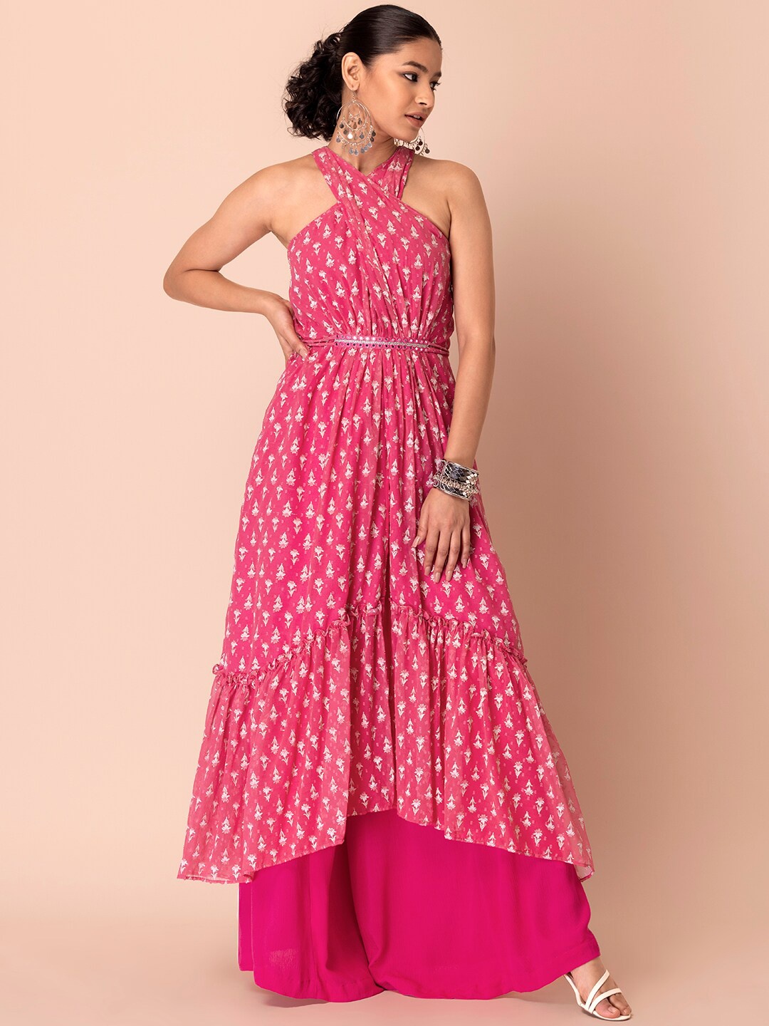 

INDYA Women Floral Printed Floral Georgette High Slit Ethnic Dresses, Pink
