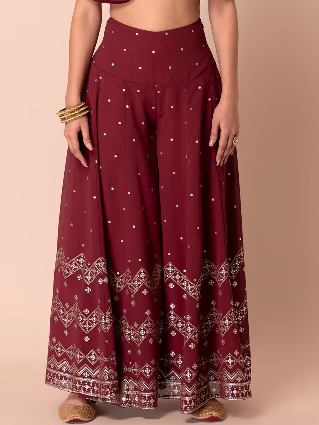 

Rang by Indya Women Floral Printed Pleated Trousers, Maroon