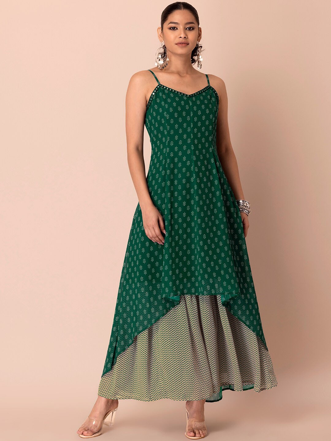 

INDYA Women Floral Printed Georgette A-Line Layered Maxi Ethnic Dresses, Green