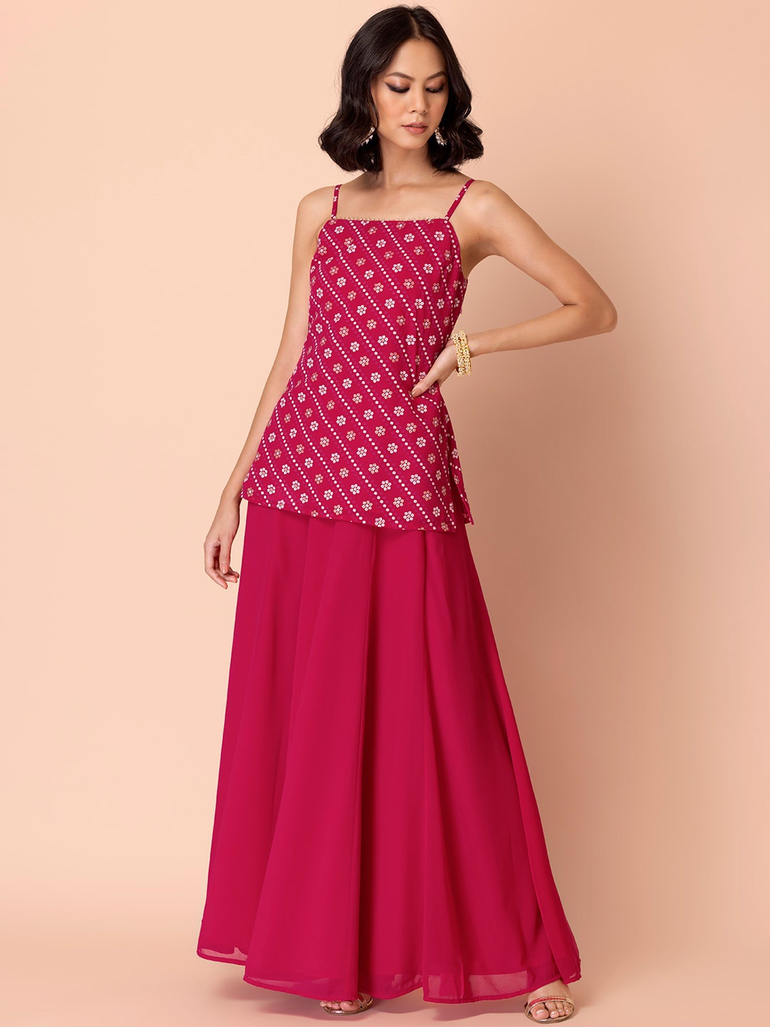 

INDYA Women Bandhani Printed Kurti with Sharara, Pink