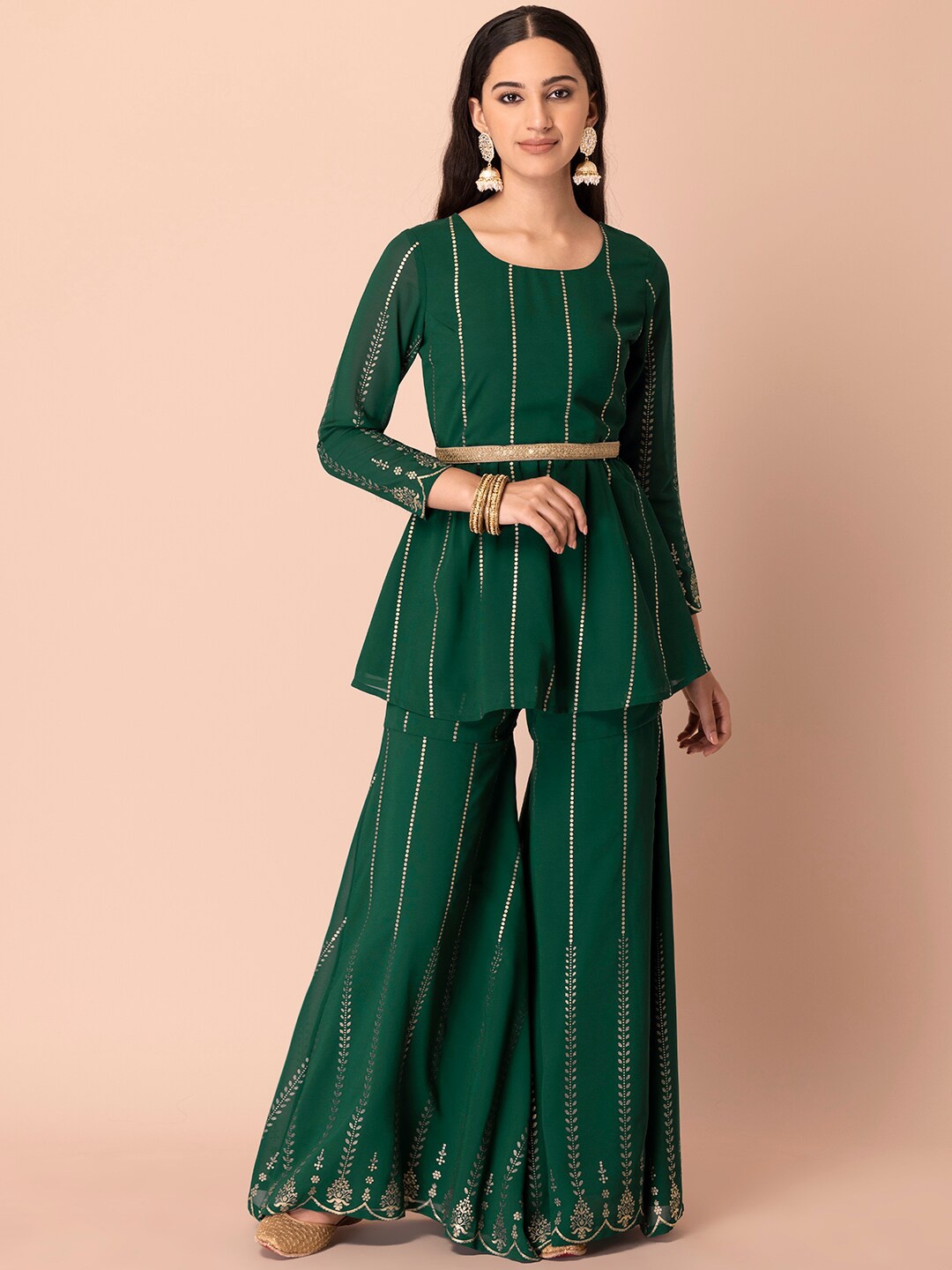 

INDYA Women Ethnic Motifs Printed Pleated Kurti with Sharara, Green