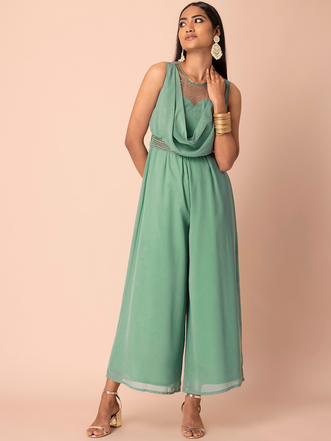 

INDYA Women Embellished Culotte Jumpsuit, Green