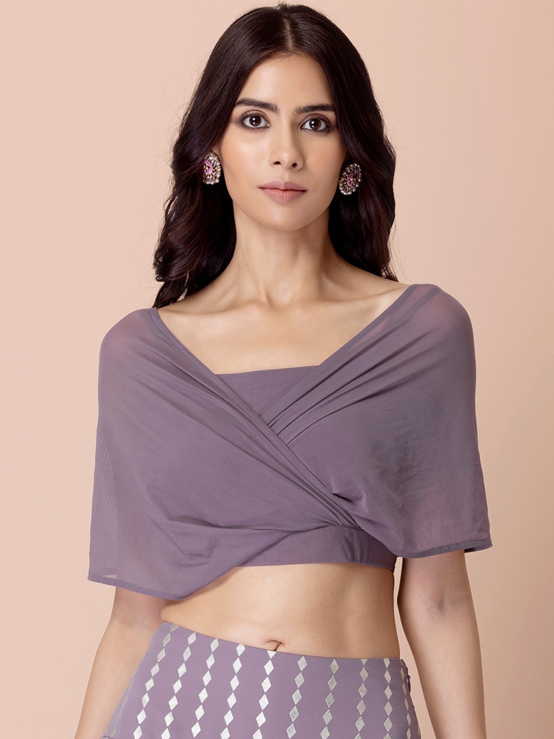 

INDYA Extended Sleeves Georgette Wrap Crop Top, Grey
