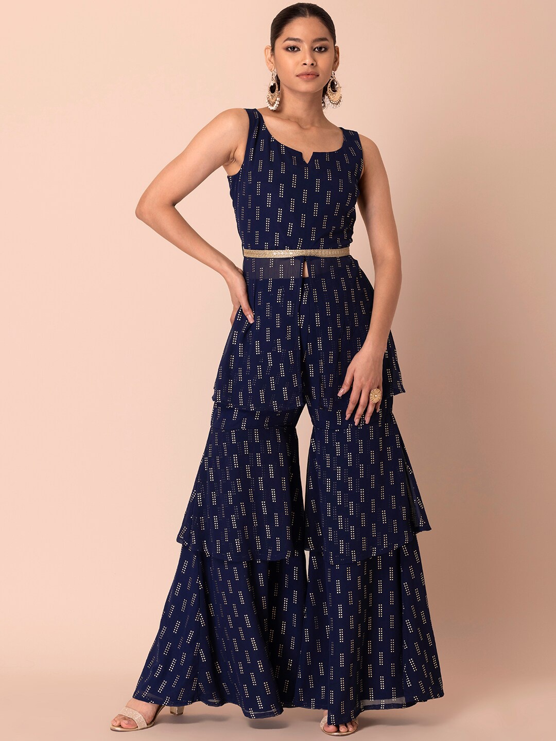 

INDYA Printed Sleeveless Notch Neck Kurta with Sharara, Navy blue