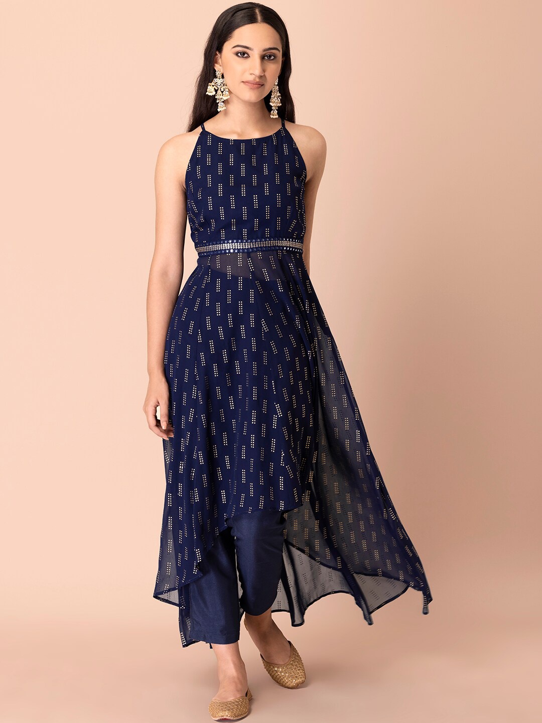 

INDYA Women Geometric Printed Indigo Georgette Kurta, Blue