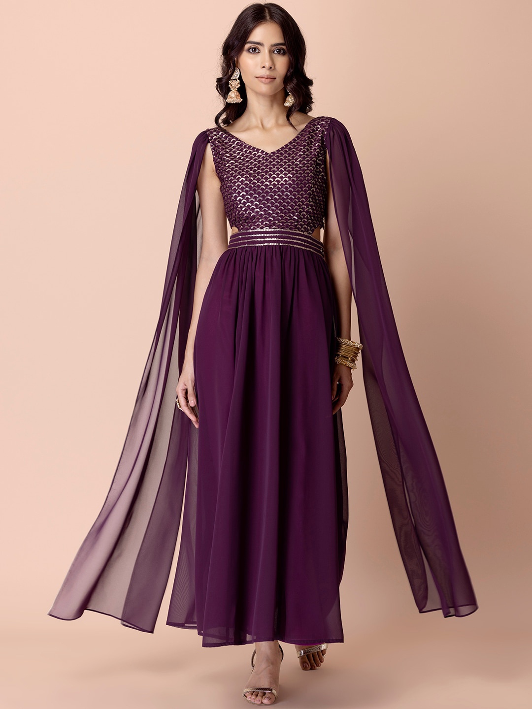 

INDYA Women Embroidered Cape Sleeves Georgette Ethnic Dress, Purple