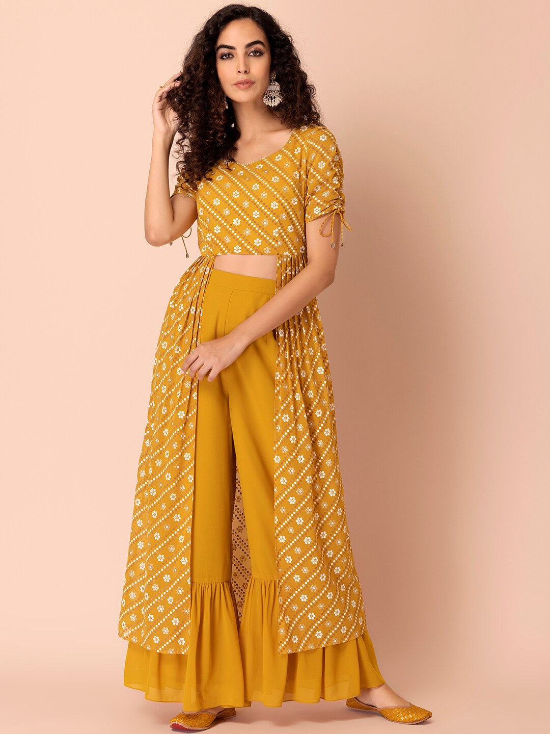 

INDYA Bandhani Printed High Slit Kurta with Sharara, Yellow