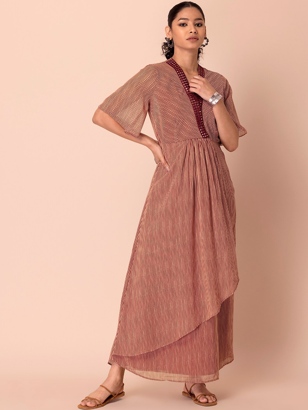 

Rang by Indya Women Striped Printed Maxi Ethnic Dress, Beige
