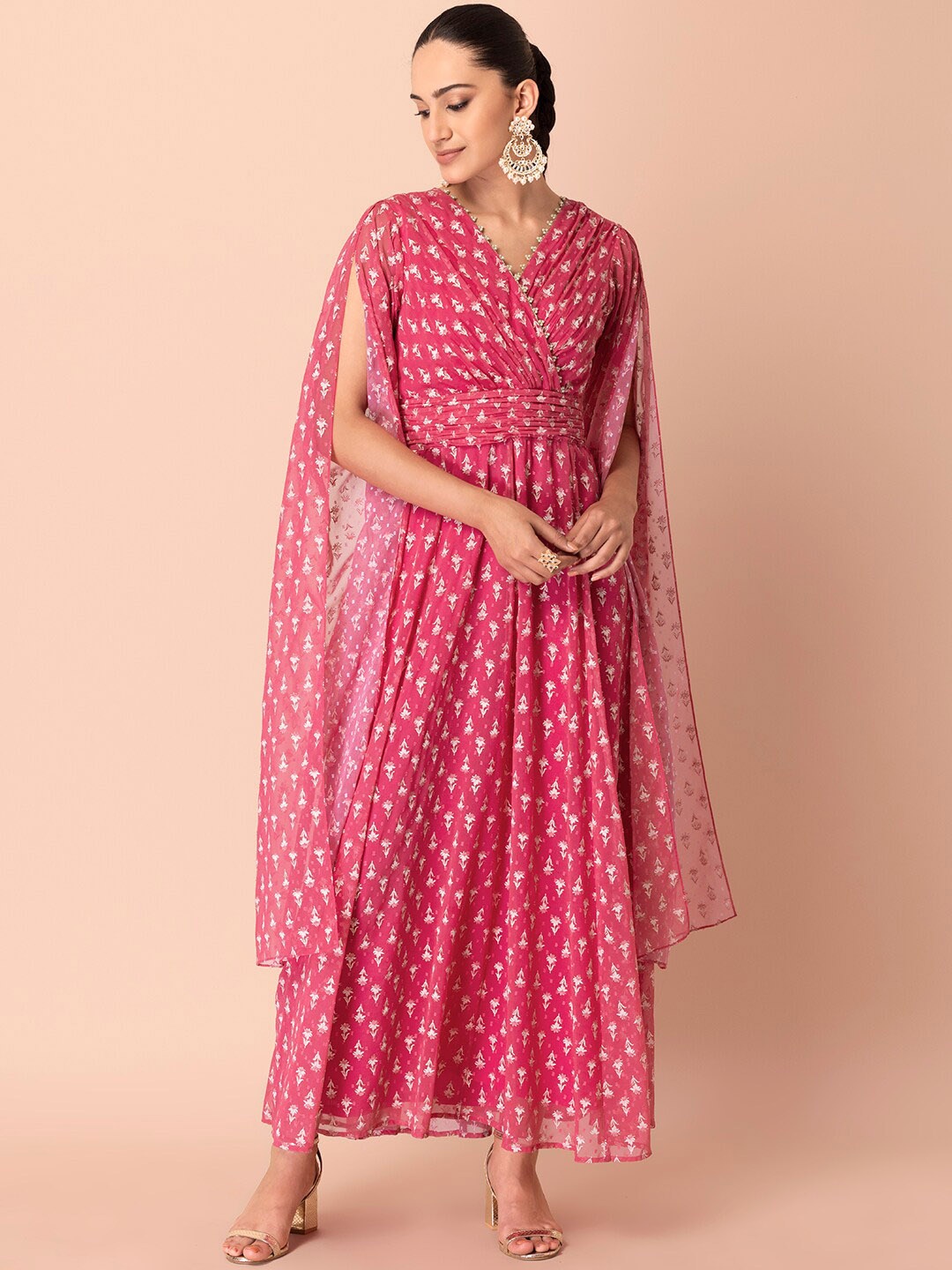 

INDYA Women Georgette Elongated Sleeve Maxi Ethnic Dress, Pink