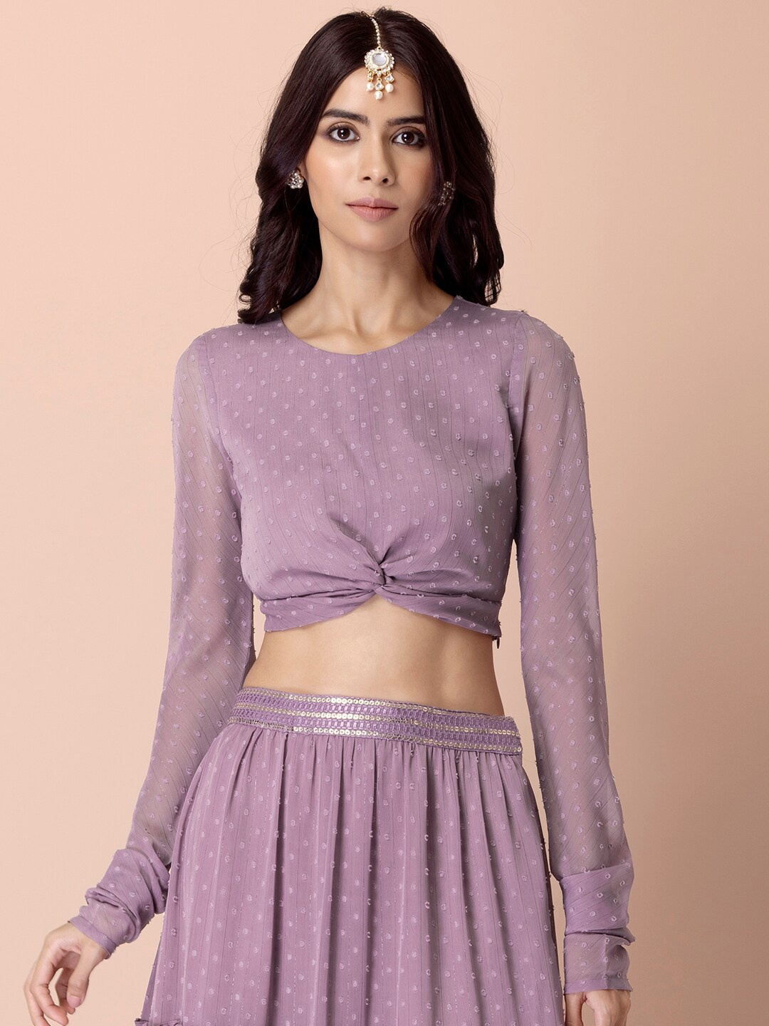 

INDYA Georgette Self Design Crop Top, Purple