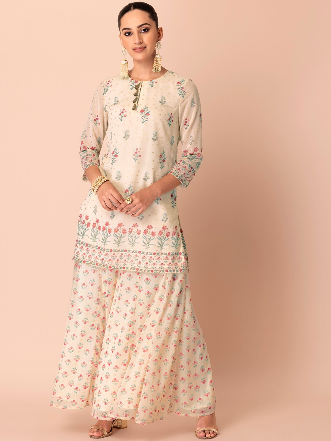 

INDYA Floral Printed Kurta with Palazzos, Beige