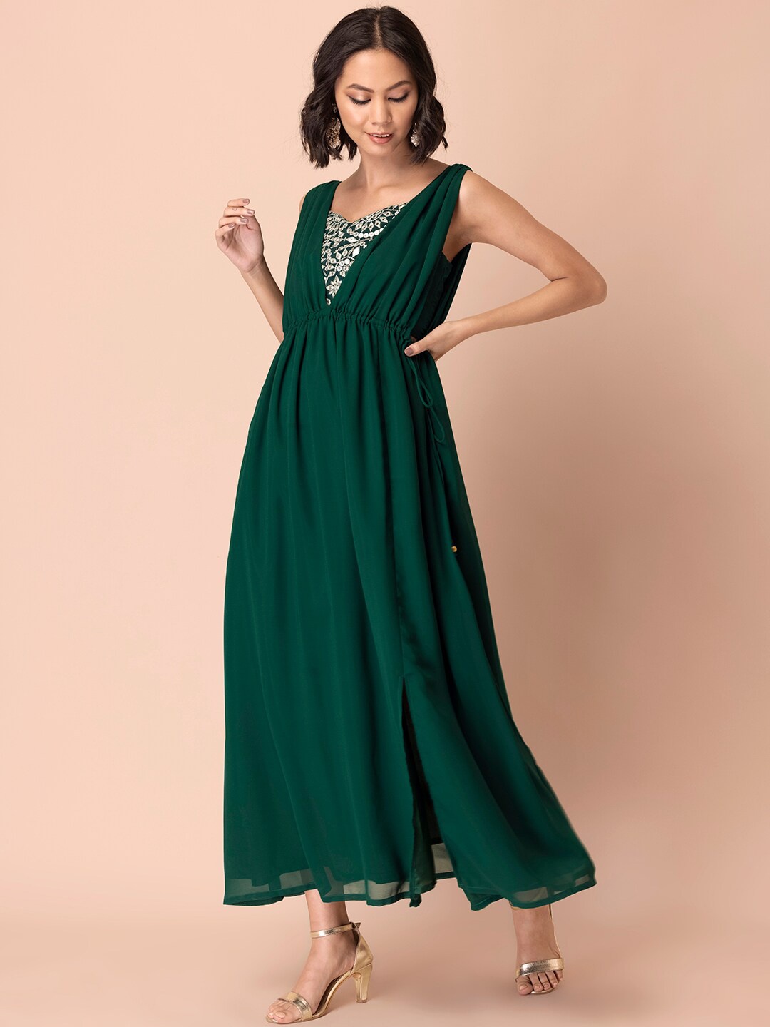 

INDYA Women Front Slit Maxi Ethnic Dress With Cami Top, Green