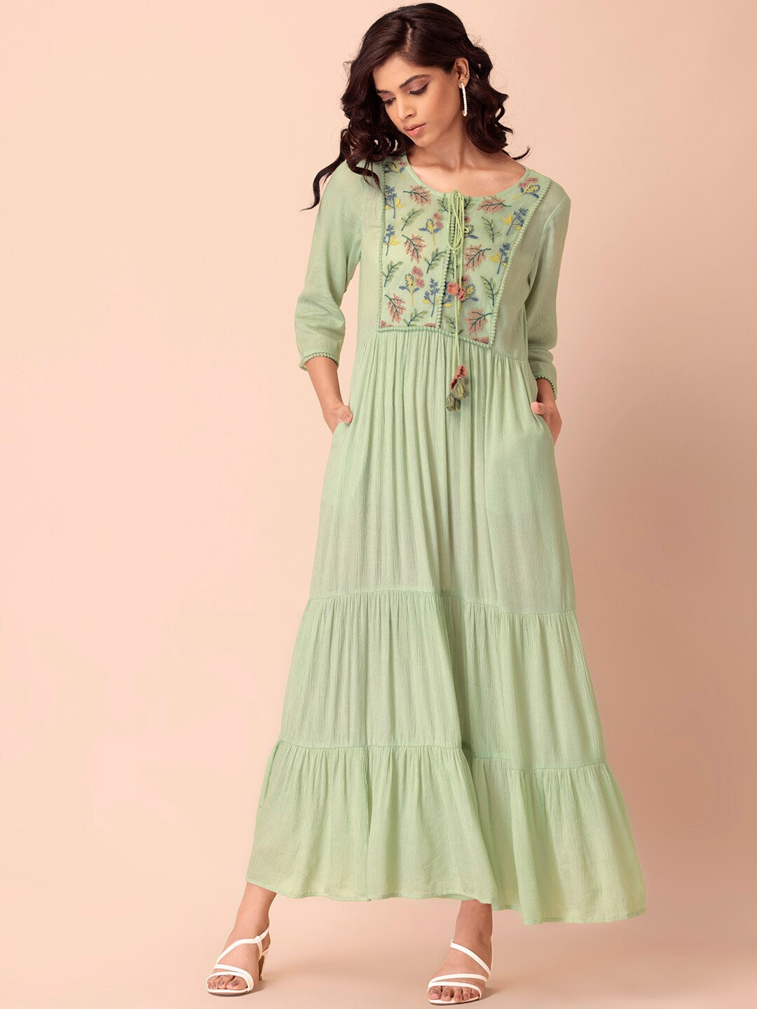 

INDYA Women Embroidered Tiered Maxi Kurta, Sea green