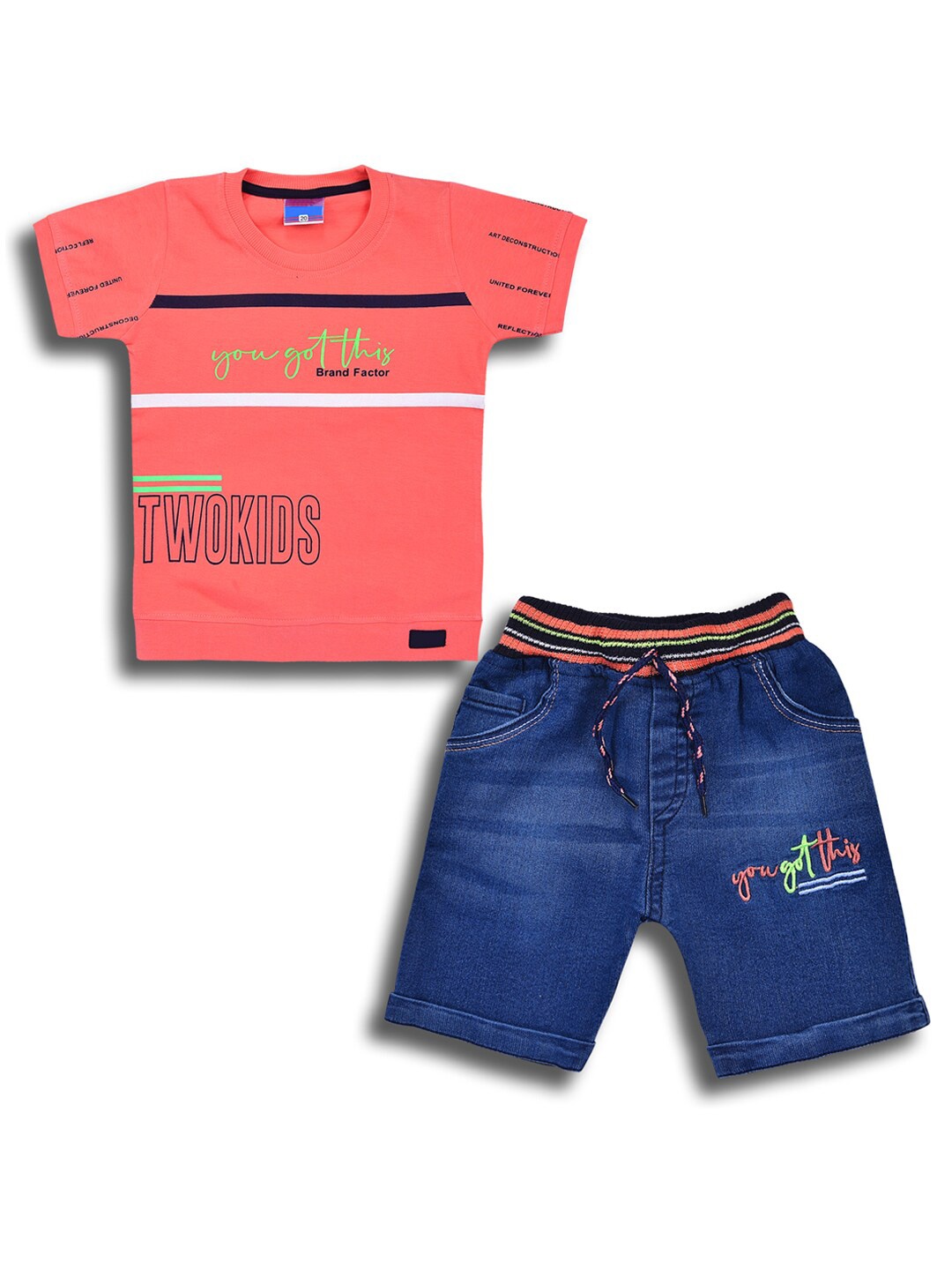

Wish Karo Boys Printed Round Neck T-shirt with Shorts, Coral