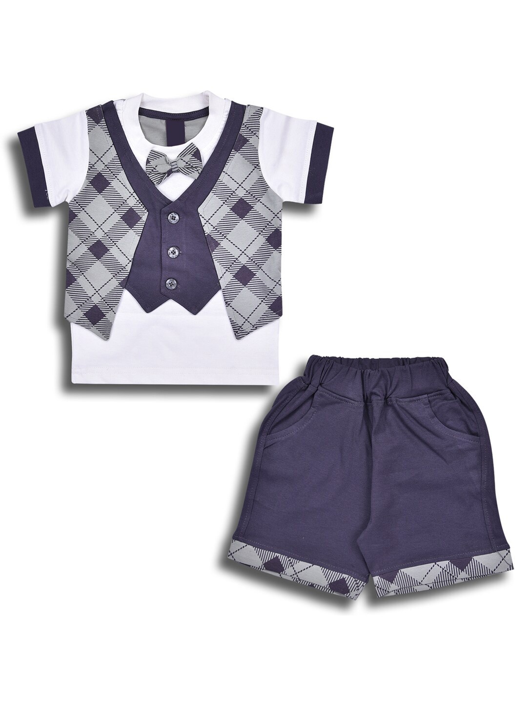 

Wish Karo Boys Checked Round Neck T-shirt with Shorts, Grey