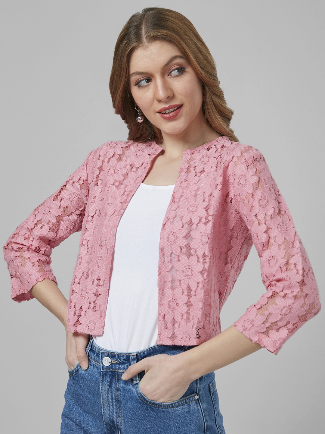 

Style Quotient Pink Self Design Lace Regular Fit Open front Shrug