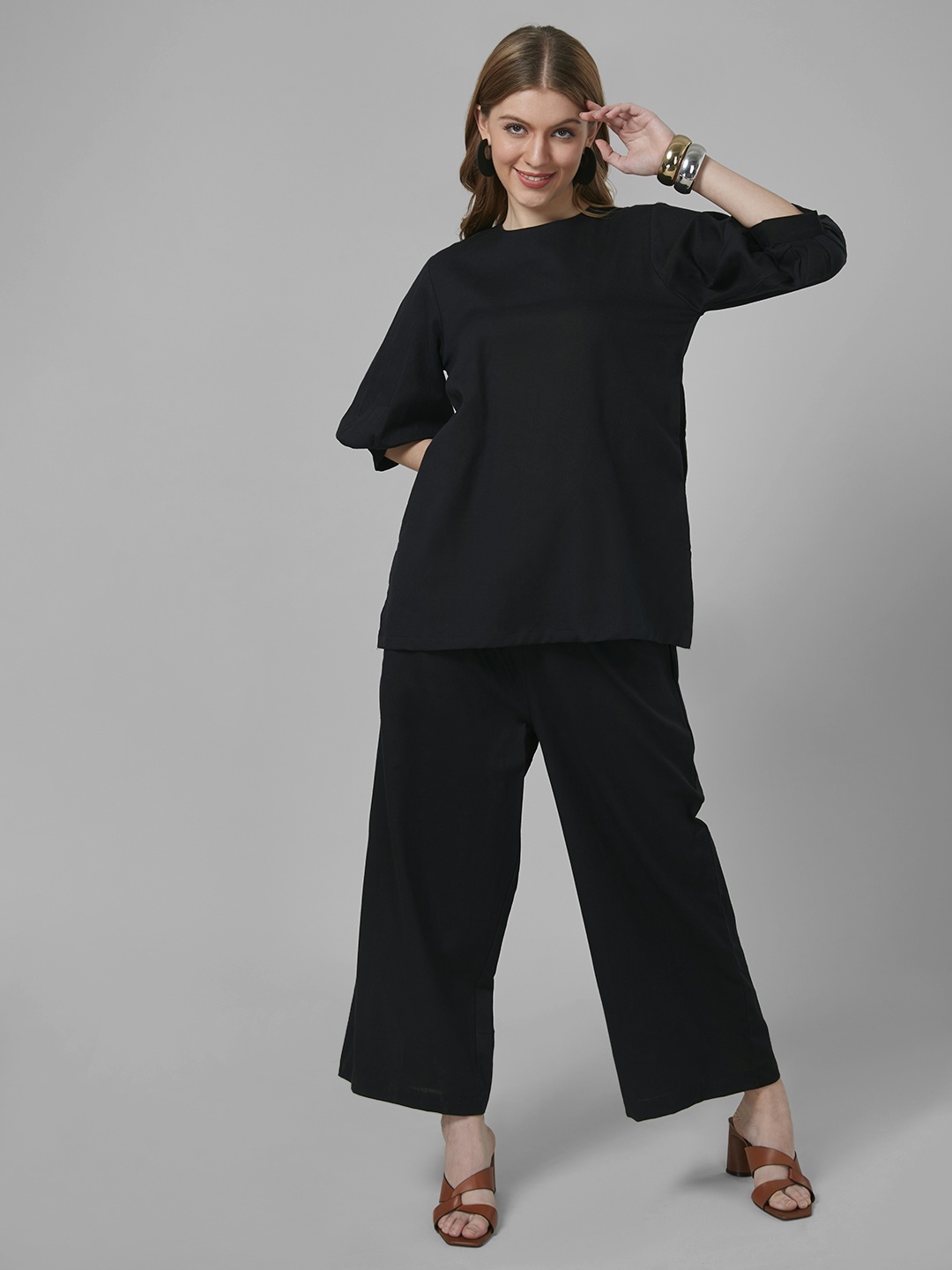 

Style Quotient Women Solid Cotton Rich relaxed Co-Ord Set, Black