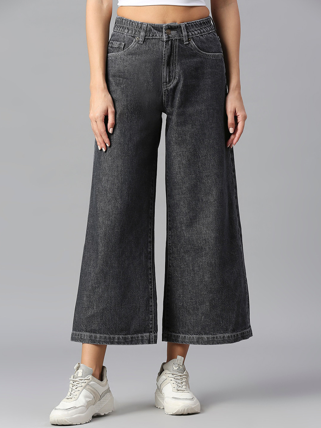 

TARAMA Women Wide Leg High-Rise Pure Cotton Jeans, Charcoal